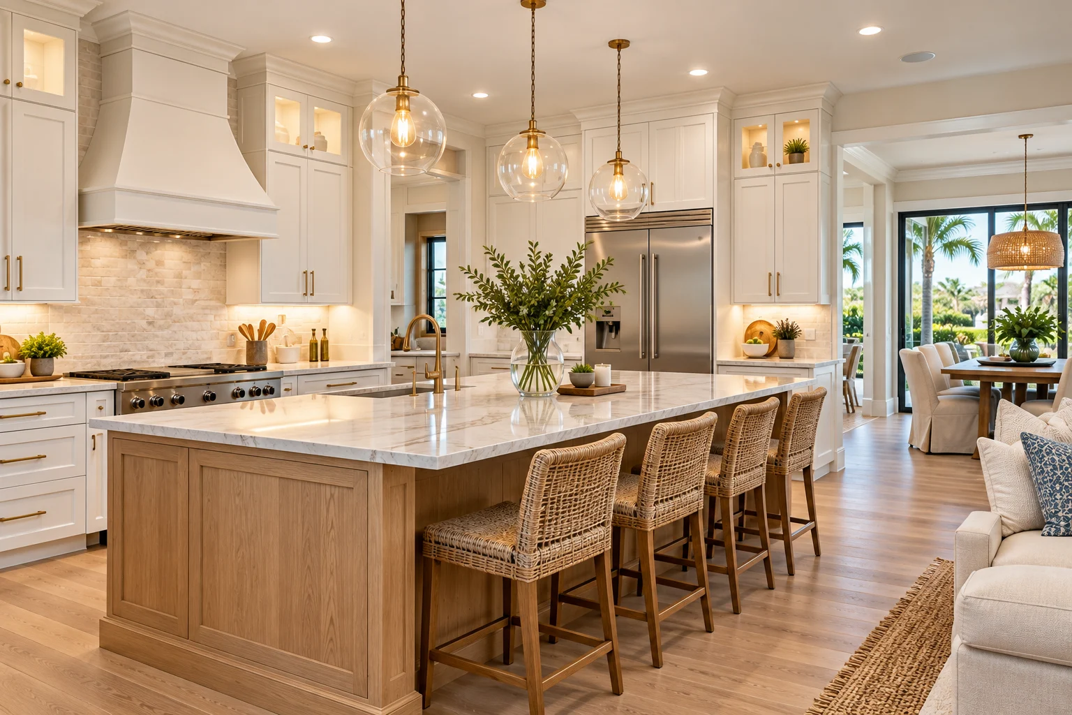 Illustrative warm white kitchen with a spacious island