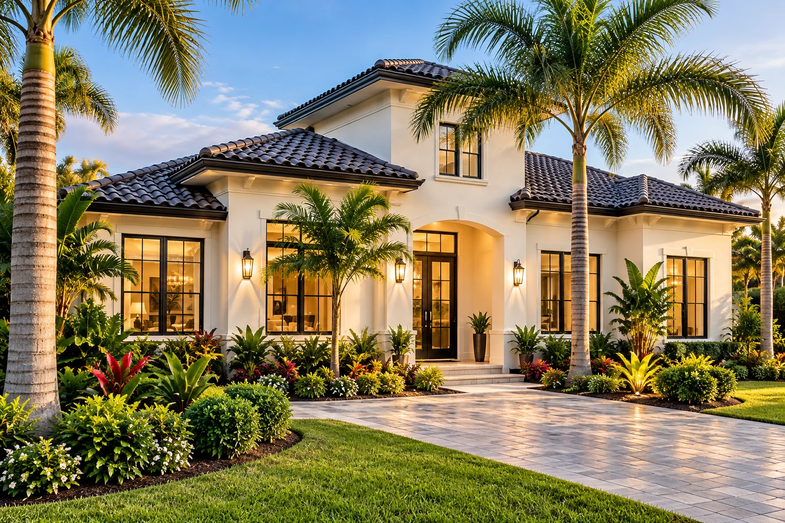 Illustrative new Florida home surrounded by palms