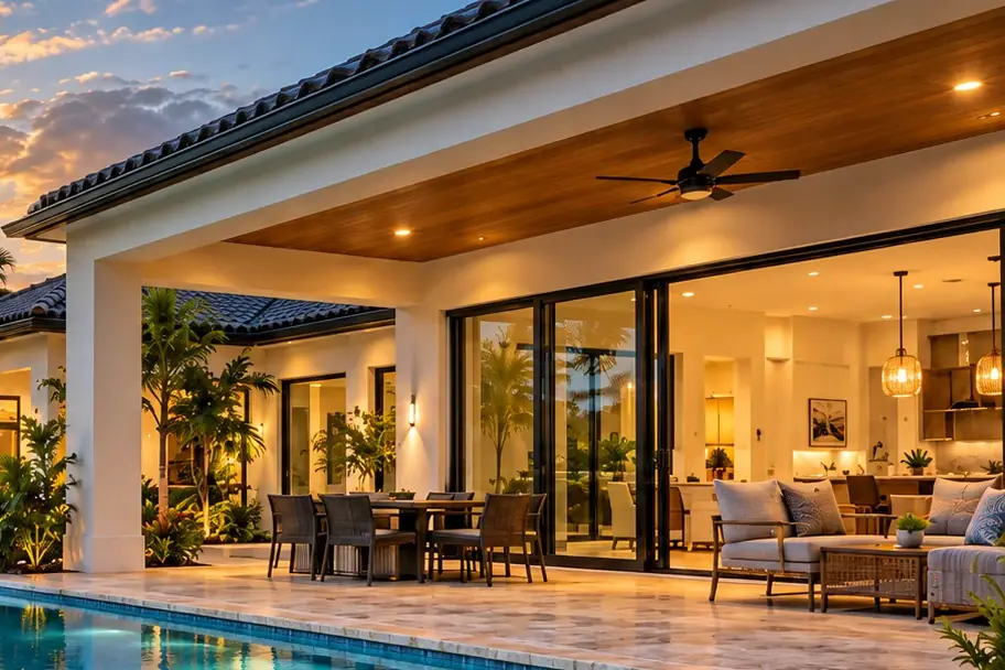 Illustrative covered patio overlooking a pool at sunset
