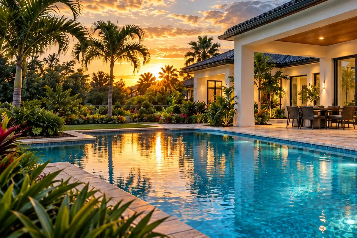 Illustrative turquoise pool beside a Florida home